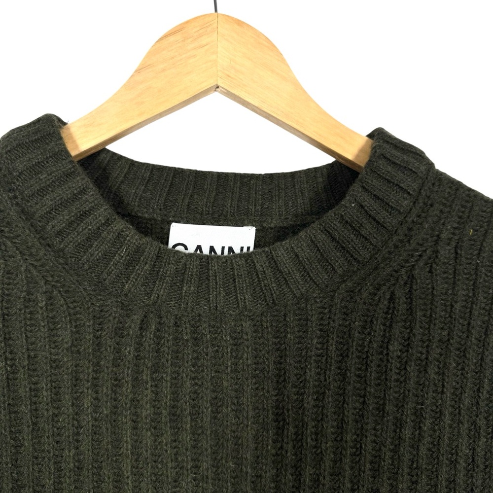GANNI Recycled Ribbed Chunky Knit Relaxed Fit Sweater Wrist Cuff Dark Green L - Picture 3 of 11